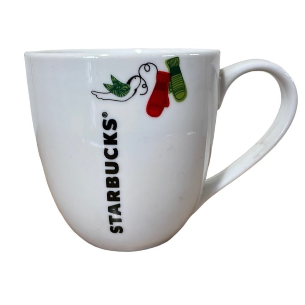 Starbucks 2011 Christmas White Holiday Mug Coffee Cup Mittens Doves Green Red